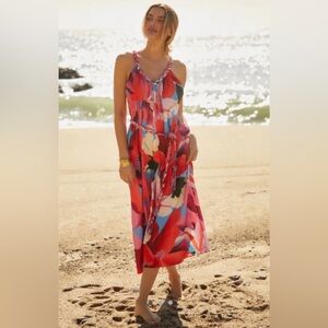 Farm Rio Watercolor Floral Cotton Tie-Waist Midi-Dress